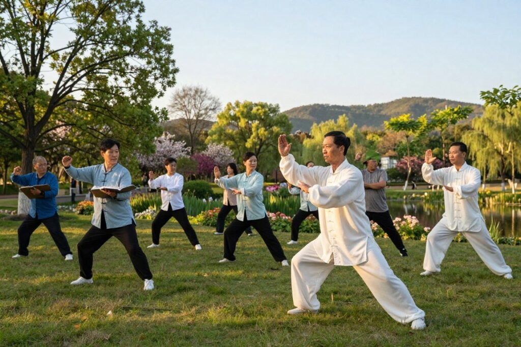 A serene Tai Chi class setting in a tranquil park during golden hour, with soft, warm lighting filtering through the trees. In the foreground, a professional-looking instructor, dressed in a crisp white Tai Chi uniform, demonstrates a graceful stance. A diverse group of adults in modest casual clothing observe intently, some taking notes on a clipboard, while others practice the movements. The middle ground features lush greenery, blooming flowers, and a tranquil pond reflecting the soft light. In the background, gentle hills and a clear blue sky enhance the peaceful atmosphere, inviting a sense of calm and mindfulness. The composition should convey focus, dedication, and the importance of selecting the right instructor for a fulfilling Tai Chi experience. A serene Tai Chi class setting in a tranquil park during golden hour, with soft, warm lighting filtering through the trees. In the foreground, a professional-looking instructor, dressed in a crisp white Tai Chi uniform, demonstrates a graceful stance. A diverse group of adults in modest casual clothing observe intently, some taking notes on a clipboard, while others practice the movements. The middle ground features lush greenery, blooming flowers, and a tranquil pond reflecting the soft light. In the background, gentle hills and a clear blue sky enhance the peaceful atmosphere, inviting a sense of calm and mindfulness. The composition should convey focus, dedication, and the importance of selecting the right instructor for a fulfilling Tai Chi experience.