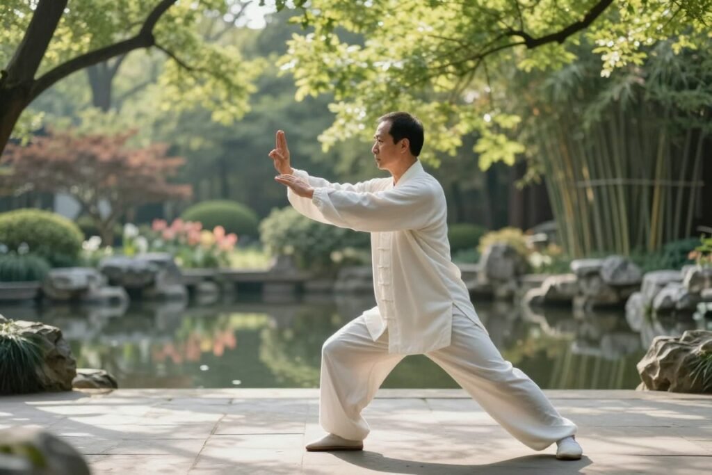 A serene Tai Chi practitioner demonstrating proper spinal alignment, set in a tranquil outdoor garden with soft, dappled sunlight filtering through lush, green trees. In the foreground, focus on a mid-aged individual dressed in modest, loose-fitting martial arts attire, showcasing a slow, flowing Tai Chi posture that emphasizes the alignment of the spine. In the middle ground, a smooth, stone pathway leads to a peaceful pond with gentle reflections of the surroundings. The background features blooming flowers and a hint of a bamboo grove, creating a harmonious atmosphere. Use a soft depth of field to highlight the practitioner while subtly blurring the background. The overall mood should evoke calmness and mindfulness, encouraging a deep connection with the practice of Tai Chi. A serene Tai Chi practitioner demonstrating proper spinal alignment, set in a tranquil outdoor garden with soft, dappled sunlight filtering through lush, green trees. In the foreground, focus on a mid-aged individual dressed in modest, loose-fitting martial arts attire, showcasing a slow, flowing Tai Chi posture that emphasizes the alignment of the spine. In the middle ground, a smooth, stone pathway leads to a peaceful pond with gentle reflections of the surroundings. The background features blooming flowers and a hint of a bamboo grove, creating a harmonious atmosphere. Use a soft depth of field to highlight the practitioner while subtly blurring the background. The overall mood should evoke calmness and mindfulness, encouraging a deep connection with the practice of Tai Chi.