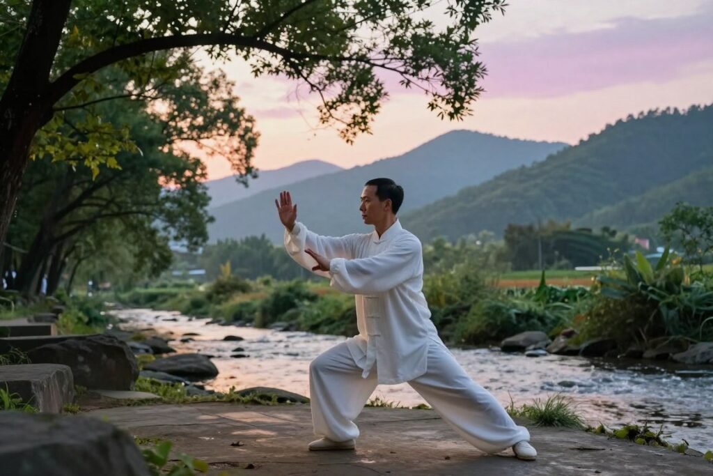 A serene Tai Chi practitioner, dressed in modest, flowing white clothing, embodies the concept of "Song" or relaxation. In the foreground, the practitioner performs a slow, graceful movement, depicting a state of tranquility and mindfulness. The middle ground features a softly flowing stream, enhancing a peaceful atmosphere. Lush green trees arch overhead, filtering gentle sunlight that creates dappled patterns on the ground. In the background, a peaceful mountain range rises against a pastel sky at dawn, reflecting serenity. The lighting is soft and diffused, casting a warm glow to evoke calmness. The angle is slightly low, capturing the practitioner's fluid posture as a focal point, inviting the viewer into a moment of harmony. The overall mood is tranquil and grounding, resonating with themes of balance and relaxation. A serene Tai Chi practitioner, dressed in modest, flowing white clothing, embodies the concept of "Song" or relaxation. In the foreground, the practitioner performs a slow, graceful movement, depicting a state of tranquility and mindfulness. The middle ground features a softly flowing stream, enhancing a peaceful atmosphere. Lush green trees arch overhead, filtering gentle sunlight that creates dappled patterns on the ground. In the background, a peaceful mountain range rises against a pastel sky at dawn, reflecting serenity. The lighting is soft and diffused, casting a warm glow to evoke calmness. The angle is slightly low, capturing the practitioner's fluid posture as a focal point, inviting the viewer into a moment of harmony. The overall mood is tranquil and grounding, resonating with themes of balance and relaxation.