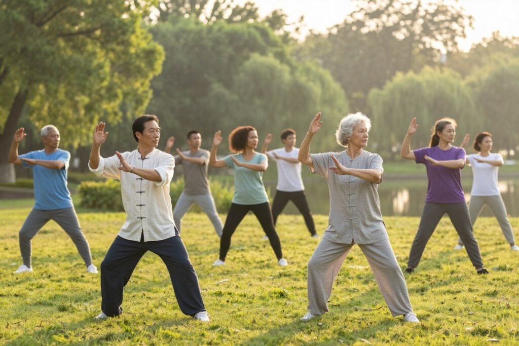 A serene outdoor park setting at dawn, showcasing a diverse group of individuals practicing Tai Chi. In the foreground, a middle-aged Asian man in modest, casual clothing performs a graceful Tai Chi move, highlighting his fluidity and balance. Nearby, an elderly woman of Caucasian descent meditatively holds a pose, emphasizing relaxation and mindfulness. In the middle ground, a small group of people of various ages, including a young African American woman, engage in synchronized movements, demonstrating unity and health benefits. The background features soft green trees and a tranquil pond reflecting the early sunlight, adding warmth to the scene. The lighting is soft and natural, casting gentle shadows, creating a comforting and peaceful atmosphere that embodies the holistic health benefits of Tai Chi. A serene outdoor park setting at dawn, showcasing a diverse group of individuals practicing Tai Chi. In the foreground, a middle-aged Asian man in modest, casual clothing performs a graceful Tai Chi move, highlighting his fluidity and balance. Nearby, an elderly woman of Caucasian descent meditatively holds a pose, emphasizing relaxation and mindfulness. In the middle ground, a small group of people of various ages, including a young African American woman, engage in synchronized movements, demonstrating unity and health benefits. The background features soft green trees and a tranquil pond reflecting the early sunlight, adding warmth to the scene. The lighting is soft and natural, casting gentle shadows, creating a comforting and peaceful atmosphere that embodies the holistic health benefits of Tai Chi.