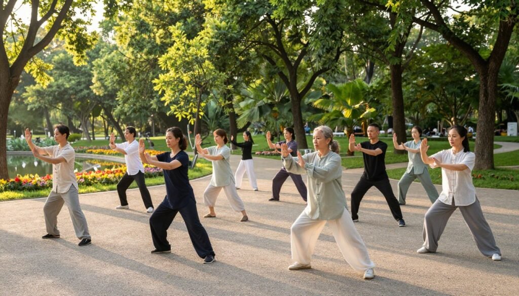 A serene outdoor park setting during the golden hour, where soft sunlight filters through lush green trees, casting gentle shadows on the ground. In the foreground, a group of diverse individuals, dressed in modest, comfortable clothing, are practicing basic Tai Chi stances, showcasing their focus and grace. Each person displays different stances, emphasizing balance and fluidity, with expressions of tranquility and concentration. In the middle ground, a smooth gravel path winds through the park, while in the background, vibrant flowers and a peaceful pond add to the scene's harmony. The overall atmosphere is one of calmness, mindfulness, and community spirit. Use a wide-angle lens to capture the full breadth of the scene, with soft, warm lighting enhancing the peaceful mood. A serene outdoor park setting during the golden hour, where soft sunlight filters through lush green trees, casting gentle shadows on the ground. In the foreground, a group of diverse individuals, dressed in modest, comfortable clothing, are practicing basic Tai Chi stances, showcasing their focus and grace. Each person displays different stances, emphasizing balance and fluidity, with expressions of tranquility and concentration. In the middle ground, a smooth gravel path winds through the park, while in the background, vibrant flowers and a peaceful pond add to the scene's harmony. The overall atmosphere is one of calmness, mindfulness, and community spirit. Use a wide-angle lens to capture the full breadth of the scene, with soft, warm lighting enhancing the peaceful mood.