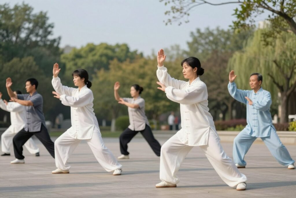 A serene outdoor park setting, featuring a diverse group of individuals practicing tai chi forms. In the foreground, two practitioners, a woman in a flowing, modest white outfit and a man dressed in a light blue top, demonstrate a graceful tai chi pose, their movements fluid and synchronized. In the middle ground, other participants of varying ages and ethnicities are engaged in different tai chi sequences, showcasing dynamic, flowing movements. The background includes softly blurred green trees and a clear blue sky, emphasizing tranquility. Soft, diffused sunlight filters through the leaves, casting gentle shadows on the ground. The atmosphere is peaceful and reflective, capturing the essence of mindfulness and harmony inherent in tai chi practice. A serene outdoor park setting, featuring a diverse group of individuals practicing tai chi forms. In the foreground, two practitioners, a woman in a flowing, modest white outfit and a man dressed in a light blue top, demonstrate a graceful tai chi pose, their movements fluid and synchronized. In the middle ground, other participants of varying ages and ethnicities are engaged in different tai chi sequences, showcasing dynamic, flowing movements. The background includes softly blurred green trees and a clear blue sky, emphasizing tranquility. Soft, diffused sunlight filters through the leaves, casting gentle shadows on the ground. The atmosphere is peaceful and reflective, capturing the essence of mindfulness and harmony inherent in tai chi practice.