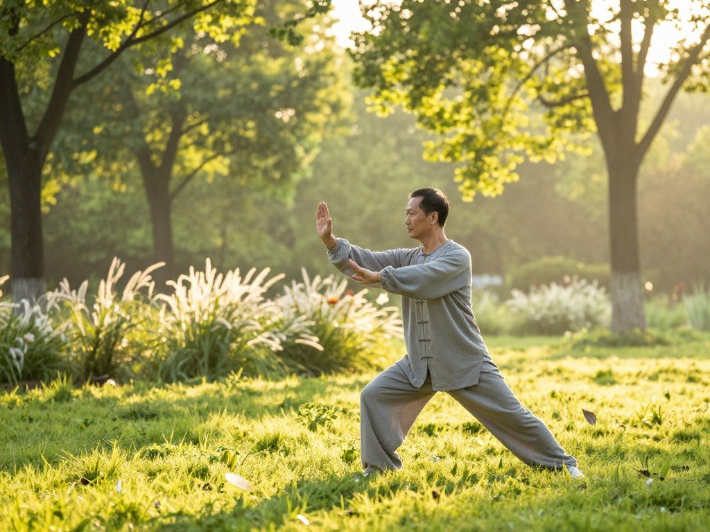 A serene outdoor scene depicting a middle-aged Asian man practicing tai chi in a lush green park during sunrise. In the foreground, he is executing a slow, graceful movement, wearing comfortable, modest athletic attire. The middle ground features soft, sunlit grass and blooming flowers swaying gently in the breeze. In the background, tall trees with vibrant green leaves are illuminated by the warm, golden light of the early morning sun, casting gentle shadows on the ground. The atmosphere is tranquil and calming, evoking a sense of peace and well-being. The composition captures the fluidity of tai chi, emphasizing harmony between mind and body, while the lens gives a soft focus to enhance the serene mood of the scene. A serene outdoor scene depicting a middle-aged Asian man practicing tai chi in a lush green park during sunrise. In the foreground, he is executing a slow, graceful movement, wearing comfortable, modest athletic attire. The middle ground features soft, sunlit grass and blooming flowers swaying gently in the breeze. In the background, tall trees with vibrant green leaves are illuminated by the warm, golden light of the early morning sun, casting gentle shadows on the ground. The atmosphere is tranquil and calming, evoking a sense of peace and well-being. The composition captures the fluidity of tai chi, emphasizing harmony between mind and body, while the lens gives a soft focus to enhance the serene mood of the scene.
