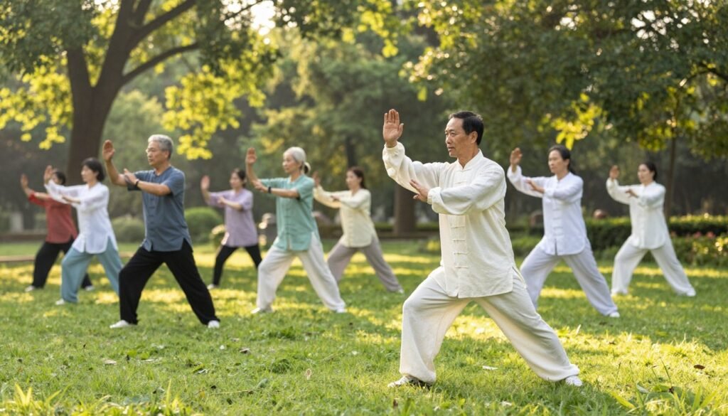 A serene outdoor scene depicting a tranquil tai chi practice session in a lush green park. In the foreground, a middle-aged Asian man, dressed in a loose-fitting, light-colored cotton outfit, gracefully performs a tai chi pose, showcasing fluid movement and concentration. The middle layer features a small group of diverse individuals, including men and women of various ages, practicing tai chi together, embodying harmony and community. In the background, soft sunlight filters through tall trees, casting gentle shadows on the grassy ground, enhancing the peaceful atmosphere. The scene conveys a sense of calm and well-being, inviting viewers to imagine the physical and mental health benefits of tai chi. The composition should have a warm color palette, emphasizing the tranquility of the environment. A serene outdoor scene depicting a tranquil tai chi practice session in a lush green park. In the foreground, a middle-aged Asian man, dressed in a loose-fitting, light-colored cotton outfit, gracefully performs a tai chi pose, showcasing fluid movement and concentration. The middle layer features a small group of diverse individuals, including men and women of various ages, practicing tai chi together, embodying harmony and community. In the background, soft sunlight filters through tall trees, casting gentle shadows on the grassy ground, enhancing the peaceful atmosphere. The scene conveys a sense of calm and well-being, inviting viewers to imagine the physical and mental health benefits of tai chi. The composition should have a warm color palette, emphasizing the tranquility of the environment.