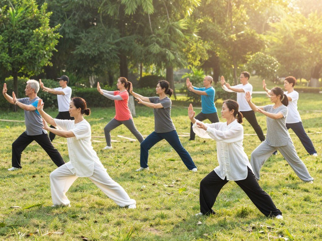 A serene outdoor scene featuring a diverse group of individuals practicing tai chi together in a sunlit park. In the foreground, two practitioners execute a graceful tai chi pose, demonstrating fluid movement and balance, wearing modest, comfortable athletic clothing. In the middle ground, a small cluster of participants engage in synchronized motions, displaying a range of ages and backgrounds, portraying inclusivity. The background features lush greenery and gentle sunlight filtering through trees, creating a tranquil atmosphere with soft shadows. The overall mood is peaceful and harmonious, reflecting the benefits of tai chi for physical health and well-being. The image is captured from a slightly elevated angle, emphasizing the flow of movement throughout the group, with a warm, inviting color palette to evoke a sense of calm and vitality. A serene outdoor scene featuring a diverse group of individuals practicing tai chi together in a sunlit park. In the foreground, two practitioners execute a graceful tai chi pose, demonstrating fluid movement and balance, wearing modest, comfortable athletic clothing. In the middle ground, a small cluster of participants engage in synchronized motions, displaying a range of ages and backgrounds, portraying inclusivity. The background features lush greenery and gentle sunlight filtering through trees, creating a tranquil atmosphere with soft shadows. The overall mood is peaceful and harmonious, reflecting the benefits of tai chi for physical health and well-being. The image is captured from a slightly elevated angle, emphasizing the flow of movement throughout the group, with a warm, inviting color palette to evoke a sense of calm and vitality.