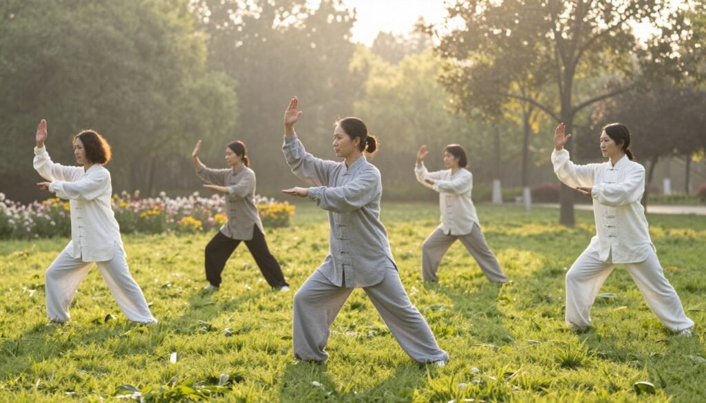 A serene outdoor setting at dawn, depicting a diverse group of five beginner tai chi practitioners in a peaceful park. The foreground features individuals in comfortable, modest clothing, gracefully transitioning through the slow, flowing movements of tai chi. The middle ground includes a lush green lawn and soft blooming flowers, emphasizing the connection to nature. In the background, gentle sunlight filters through trees, casting soft shadows and creating a tranquil atmosphere. The mood is calm and meditative, capturing the essence of mindfulness in movement. Angle the scene slightly from a low perspective to accentuate the fluidity of the poses, with a slight focus on the practitioners’ expressions of concentration and peace. A serene outdoor setting at dawn, depicting a diverse group of five beginner tai chi practitioners in a peaceful park. The foreground features individuals in comfortable, modest clothing, gracefully transitioning through the slow, flowing movements of tai chi. The middle ground includes a lush green lawn and soft blooming flowers, emphasizing the connection to nature. In the background, gentle sunlight filters through trees, casting soft shadows and creating a tranquil atmosphere. The mood is calm and meditative, capturing the essence of mindfulness in movement. Angle the scene slightly from a low perspective to accentuate the fluidity of the poses, with a slight focus on the practitioners’ expressions of concentration and peace.