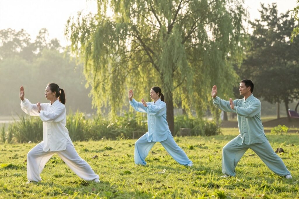 A serene, outdoor setting at dawn, featuring a peaceful landscape with soft morning light filtering through gently swaying trees. In the foreground, a diverse group of three people practicing tai chi, each demonstrating essential postures focused on shoulder and chest positioning. One person, dressed in a modest, flowing white outfit, embodies a graceful, flowing form with relaxed arms and an open chest. The second figure, wearing light blue attire, showcases a strong yet elegant stance, while the third, in sage green, gently balances in a deeper stance, emphasizing flow and alignment. The background is filled with lush greenery and a calm expression of nature, enhancing the atmosphere of tranquility and mindfulness. Soft focus, with natural lighting and a slightly elevated camera angle, inviting a sense of harmony and balance in their practice. A serene, outdoor setting at dawn, featuring a peaceful landscape with soft morning light filtering through gently swaying trees. In the foreground, a diverse group of three people practicing tai chi, each demonstrating essential postures focused on shoulder and chest positioning. One person, dressed in a modest, flowing white outfit, embodies a graceful, flowing form with relaxed arms and an open chest. The second figure, wearing light blue attire, showcases a strong yet elegant stance, while the third, in sage green, gently balances in a deeper stance, emphasizing flow and alignment. The background is filled with lush greenery and a calm expression of nature, enhancing the atmosphere of tranquility and mindfulness. Soft focus, with natural lighting and a slightly elevated camera angle, inviting a sense of harmony and balance in their practice.
