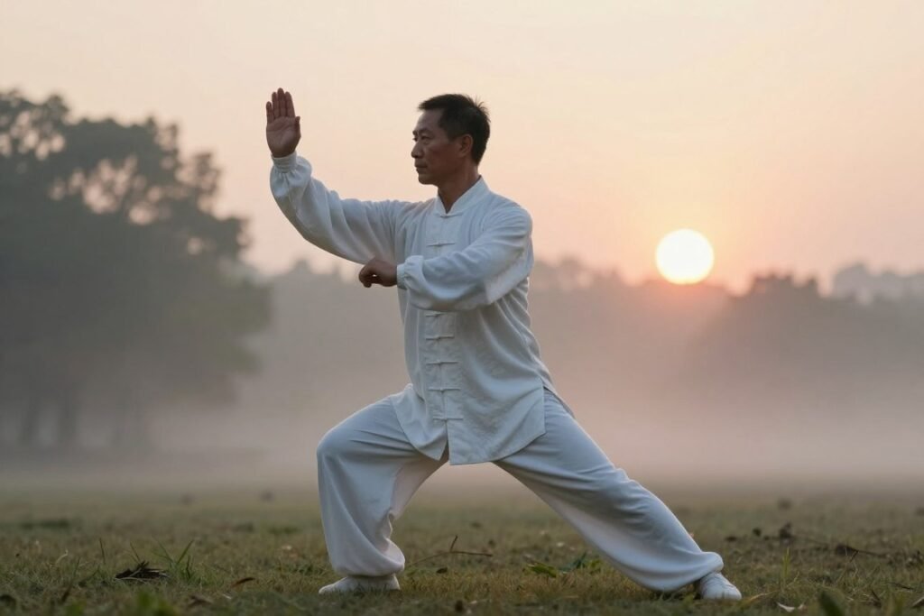 A serene outdoor setting at dawn, showcasing a middle-aged Asian man practicing tai chi with perfect form. Focus on the alignment of his body, highlighting his graceful stance and fluid movements that embody tranquility and balance. The foreground features his posture clearly, with attention to his hand positions and foot alignment. In the middle ground, soft, blurred outlines of gentle trees create an inviting atmosphere, while a subtle mist enhances the peaceful ambiance. The background captures a soft gradient of the rising sun, casting a warm glow over the scene. The lighting is soft and diffused, mimicking natural morning light, providing a calming and inspiring mood. No distractions such as text or watermarks should be present, allowing full concentration on the tai chi form. A serene outdoor setting at dawn, showcasing a middle-aged Asian man practicing tai chi with perfect form. Focus on the alignment of his body, highlighting his graceful stance and fluid movements that embody tranquility and balance. The foreground features his posture clearly, with attention to his hand positions and foot alignment. In the middle ground, soft, blurred outlines of gentle trees create an inviting atmosphere, while a subtle mist enhances the peaceful ambiance. The background captures a soft gradient of the rising sun, casting a warm glow over the scene. The lighting is soft and diffused, mimicking natural morning light, providing a calming and inspiring mood. No distractions such as text or watermarks should be present, allowing full concentration on the tai chi form.
