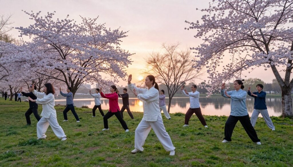 A serene outdoor setting at sunrise featuring a diverse group of individuals practicing tai chi in a lush park. In the foreground, participants clad in comfortable, modest athletic wear demonstrate flowing movements, their focused expressions reflecting tranquility and concentration. The middle ground showcases soft, gentle curves of blooming cherry blossom trees framing the practitioners. In the background, a calm lake reflects the pastel hues of the morning sky, adding to the peaceful atmosphere. The scene is bathed in warm, golden light, enhancing the sense of harmony and longevity. Capture a wide-angle view to emphasize the unity of nature and practice, while maintaining a sense of serenity and balance throughout the composition. A serene outdoor setting at sunrise featuring a diverse group of individuals practicing tai chi in a lush park. In the foreground, participants clad in comfortable, modest athletic wear demonstrate flowing movements, their focused expressions reflecting tranquility and concentration. The middle ground showcases soft, gentle curves of blooming cherry blossom trees framing the practitioners. In the background, a calm lake reflects the pastel hues of the morning sky, adding to the peaceful atmosphere. The scene is bathed in warm, golden light, enhancing the sense of harmony and longevity. Capture a wide-angle view to emphasize the unity of nature and practice, while maintaining a sense of serenity and balance throughout the composition.