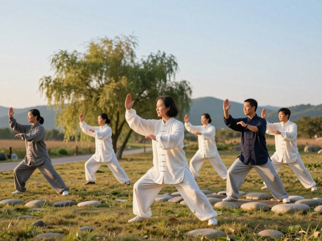 A serene outdoor setting captures the essence of tai chi practice. In the foreground, a diverse group of five individuals, dressed in modest, comfortable clothing suitable for exercise, demonstrate essential tai chi movements. Each person embodies a unique pose, showcasing the graceful flow and balance of the practice. In the middle ground, soft grass and smooth stones create a harmonious space, while gently swaying trees add a sense of tranquility. The background features a soft, blurred landscape, hinting at rolling hills under a clear blue sky. Golden hour lighting bathes the scene in warm, inviting tones, accentuating the peaceful atmosphere of mindfulness and well-being. Capture this moment with a slightly elevated angle to emphasize the movements and connection between the practitioners. A serene outdoor setting captures the essence of tai chi practice. In the foreground, a diverse group of five individuals, dressed in modest, comfortable clothing suitable for exercise, demonstrate essential tai chi movements. Each person embodies a unique pose, showcasing the graceful flow and balance of the practice. In the middle ground, soft grass and smooth stones create a harmonious space, while gently swaying trees add a sense of tranquility. The background features a soft, blurred landscape, hinting at rolling hills under a clear blue sky. Golden hour lighting bathes the scene in warm, inviting tones, accentuating the peaceful atmosphere of mindfulness and well-being. Capture this moment with a slightly elevated angle to emphasize the movements and connection between the practitioners.