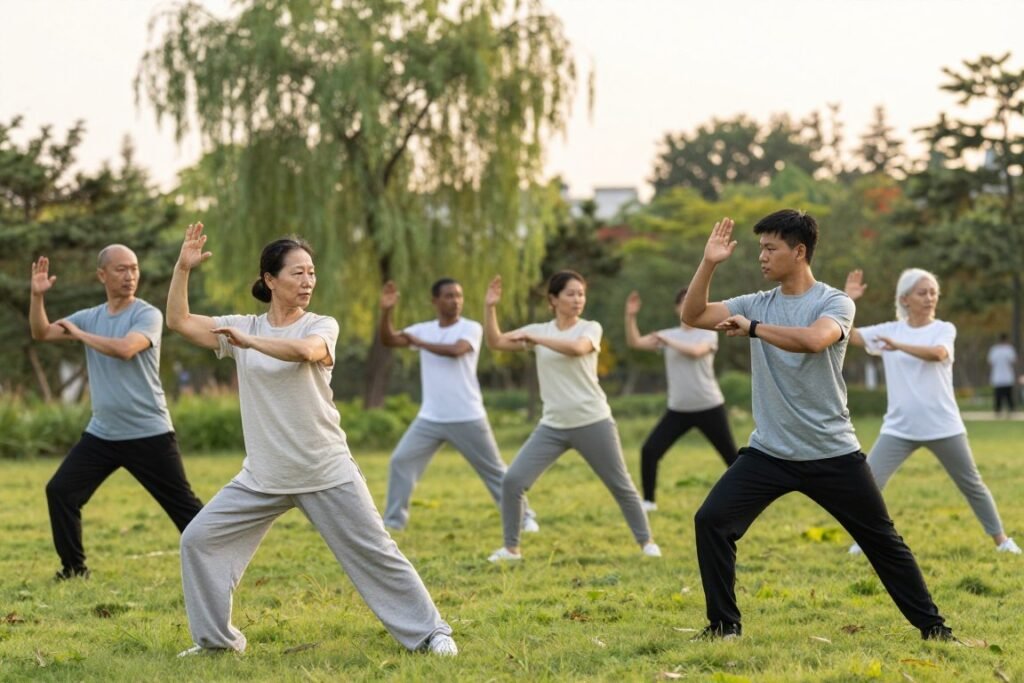 A serene outdoor setting during a soft, golden hour, showcasing a diverse group of individuals practicing tai chi. In the foreground, a middle-aged woman in modest athletic wear demonstrates a slow, graceful tai chi movement, emphasizing proper posture and balance. Nearby, a younger man adjusts his stance, illustrating a common beginner's mistake, with a slight frown of concentration. The middle ground features other practitioners, including individuals of different ages and ethnicities, all engaged in harmonious motion, their forms reflecting focus and tranquility. The background is a tranquil park scene with soft greenery and gently swaying trees, creating a peaceful atmosphere. Use natural lighting to highlight the fluidity of the movements and the serenity of the environment, with a slight depth of field to draw focus on the tai chi techniques. A serene outdoor setting during a soft, golden hour, showcasing a diverse group of individuals practicing tai chi. In the foreground, a middle-aged woman in modest athletic wear demonstrates a slow, graceful tai chi movement, emphasizing proper posture and balance. Nearby, a younger man adjusts his stance, illustrating a common beginner's mistake, with a slight frown of concentration. The middle ground features other practitioners, including individuals of different ages and ethnicities, all engaged in harmonious motion, their forms reflecting focus and tranquility. The background is a tranquil park scene with soft greenery and gently swaying trees, creating a peaceful atmosphere. Use natural lighting to highlight the fluidity of the movements and the serenity of the environment, with a slight depth of field to draw focus on the tai chi techniques.