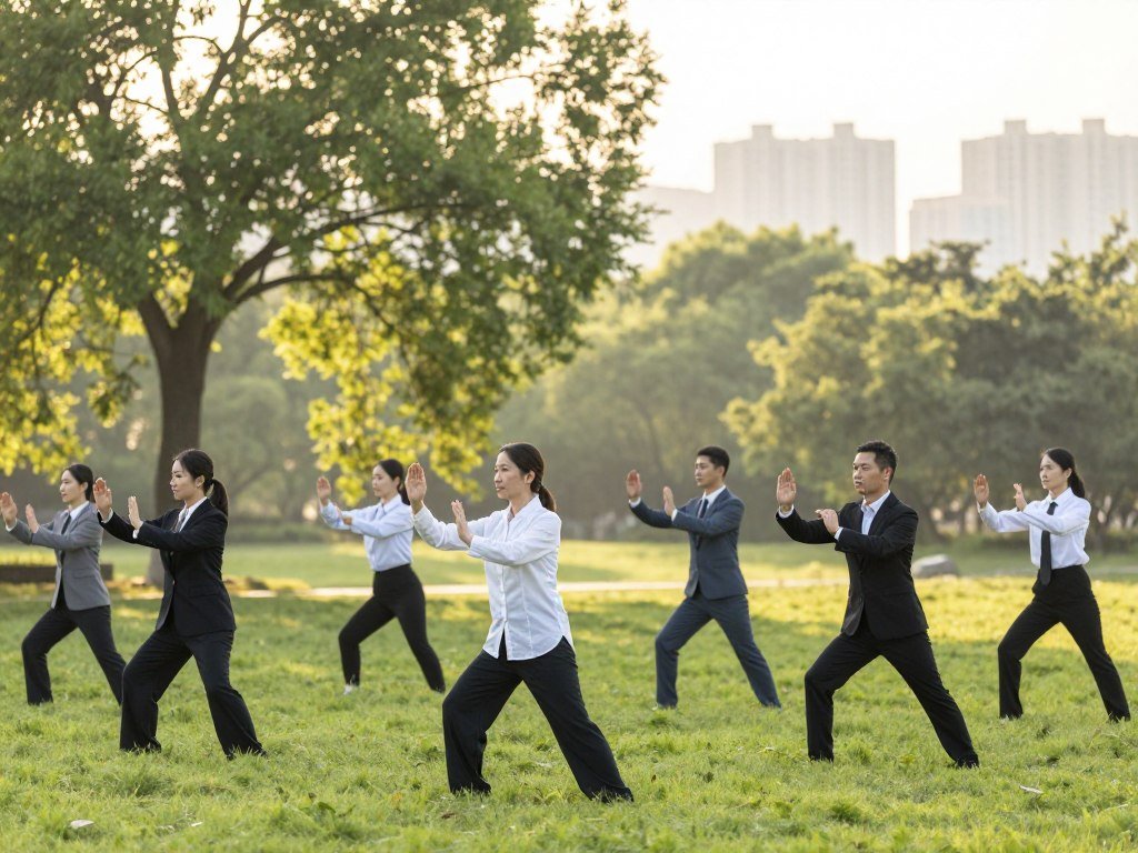 A serene outdoor setting during early morning, featuring a diverse group of individuals practicing tai chi in the foreground. Each person, dressed in professional business attire, embodies focus and grace while performing slow, fluid movements to showcase the importance of correct posture. In the middle ground, a lush, green park with gently swaying trees and soft rays of sunlight filtering through the leaves, creating a tranquil atmosphere. The background includes a softly blurred, distant city skyline, emphasizing the balance between urban life and mindfulness. The lighting is soft and natural, evoking a sense of peace and well-being, with a warm color palette that enhances the inviting, calming mood of the scene. A serene outdoor setting during early morning, featuring a diverse group of individuals practicing tai chi in the foreground. Each person, dressed in professional business attire, embodies focus and grace while performing slow, fluid movements to showcase the importance of correct posture. In the middle ground, a lush, green park with gently swaying trees and soft rays of sunlight filtering through the leaves, creating a tranquil atmosphere. The background includes a softly blurred, distant city skyline, emphasizing the balance between urban life and mindfulness. The lighting is soft and natural, evoking a sense of peace and well-being, with a warm color palette that enhances the inviting, calming mood of the scene.