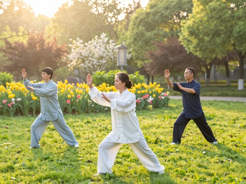 A serene outdoor setting during the early morning light, depicting a middle-aged man and woman practicing tai chi exercises in a lush park. In the foreground, the focus is on the graceful movements of the practitioners as they perform a tai chi sequence with fluidity and concentration. The middle ground features vibrant greenery and blooming flowers that reflect the tranquility of nature. In the background, soft sunlight filters through the trees, creating a warm, inviting atmosphere. The scene is captured from a slightly elevated angle, giving a dynamic perspective of the poses. The overall mood is peaceful and energizing, illustrating the harmony and balance that tai chi brings to busy lives. A serene outdoor setting during the early morning light, depicting a middle-aged man and woman practicing tai chi exercises in a lush park. In the foreground, the focus is on the graceful movements of the practitioners as they perform a tai chi sequence with fluidity and concentration. The middle ground features vibrant greenery and blooming flowers that reflect the tranquility of nature. In the background, soft sunlight filters through the trees, creating a warm, inviting atmosphere. The scene is captured from a slightly elevated angle, giving a dynamic perspective of the poses. The overall mood is peaceful and energizing, illustrating the harmony and balance that tai chi brings to busy lives.