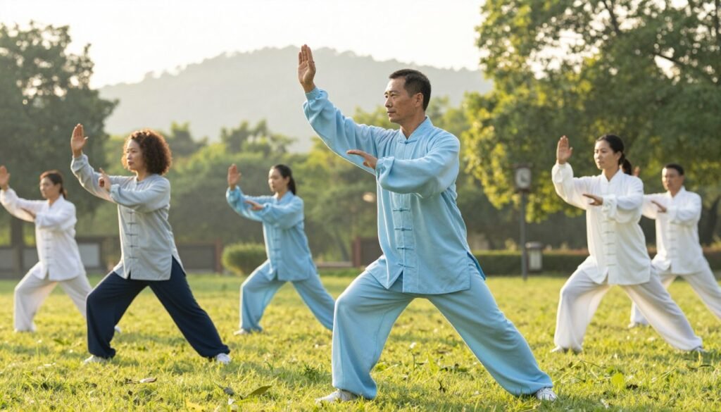 A serene outdoor setting featuring a group of individuals practicing tai chi, demonstrating various poses in a lush park. In the foreground, a middle-aged Asian man in a light blue martial arts uniform gracefully transitions between movements, showcasing fluid form and focus. To the left, a woman with curly hair in comfortable athletic wear practices a tai chi posture, her expression calm and concentrated. In the background, green trees and gentle hills create a tranquil atmosphere, illuminated by soft morning sunlight that casts warm tones throughout the scene. The camera angle is slightly elevated, capturing the harmony of the practitioners in their movements, eliciting a sense of peace and discipline. The overall mood reflects mindfulness and the importance of proper technique in tai chi training, conveying a sense of a healthy lifestyle through gentle exercise. A serene outdoor setting featuring a group of individuals practicing tai chi, demonstrating various poses in a lush park. In the foreground, a middle-aged Asian man in a light blue martial arts uniform gracefully transitions between movements, showcasing fluid form and focus. To the left, a woman with curly hair in comfortable athletic wear practices a tai chi posture, her expression calm and concentrated. In the background, green trees and gentle hills create a tranquil atmosphere, illuminated by soft morning sunlight that casts warm tones throughout the scene. The camera angle is slightly elevated, capturing the harmony of the practitioners in their movements, eliciting a sense of peace and discipline. The overall mood reflects mindfulness and the importance of proper technique in tai chi training, conveying a sense of a healthy lifestyle through gentle exercise.