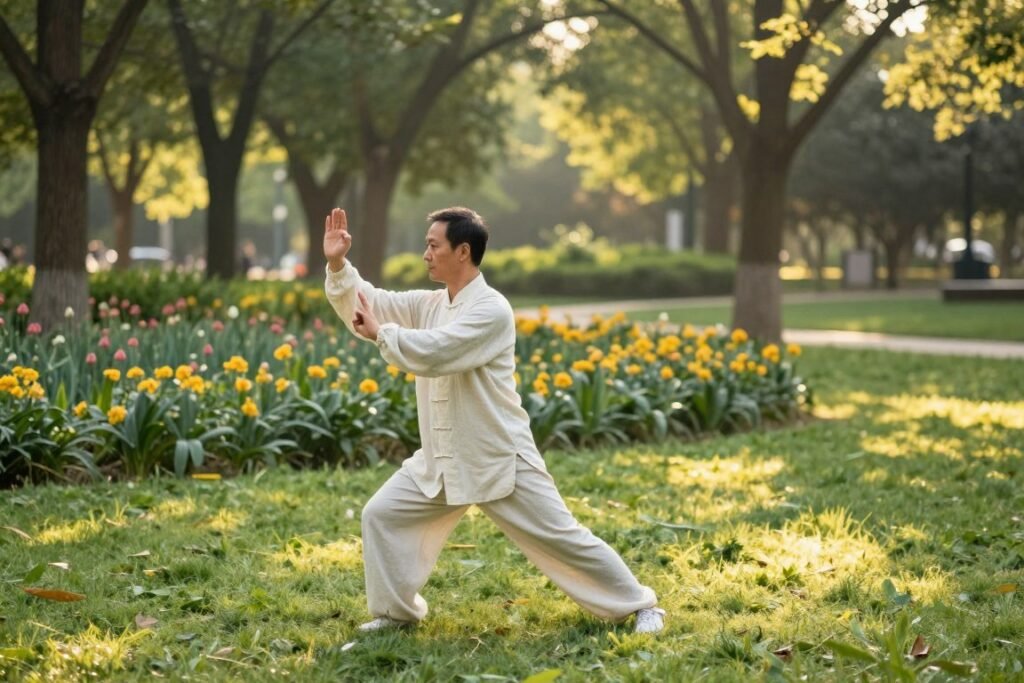 A serene outdoor setting featuring a person practicing beginner Tai Chi moves in a lush park. In the foreground, a focused middle-aged individual in comfortable, modest casual attire demonstrates a flowing Tai Chi posture, embodying grace and concentration. The middle layer includes soft, green grass and blooming flowers, providing a vibrant, inviting atmosphere. In the background, tall trees filter gentle sunlight, creating dappled light patterns on the ground, evoking a sense of tranquility. The scene is captured in a soft focus, with warm lighting to enhance the calming mood. The angle is slightly elevated, offering a comprehensive view of the practitioner and their surroundings, conveying the idea of integrating Tai Chi principles into daily life. A serene outdoor setting featuring a person practicing beginner Tai Chi moves in a lush park. In the foreground, a focused middle-aged individual in comfortable, modest casual attire demonstrates a flowing Tai Chi posture, embodying grace and concentration. The middle layer includes soft, green grass and blooming flowers, providing a vibrant, inviting atmosphere. In the background, tall trees filter gentle sunlight, creating dappled light patterns on the ground, evoking a sense of tranquility. The scene is captured in a soft focus, with warm lighting to enhance the calming mood. The angle is slightly elevated, offering a comprehensive view of the practitioner and their surroundings, conveying the idea of integrating Tai Chi principles into daily life.