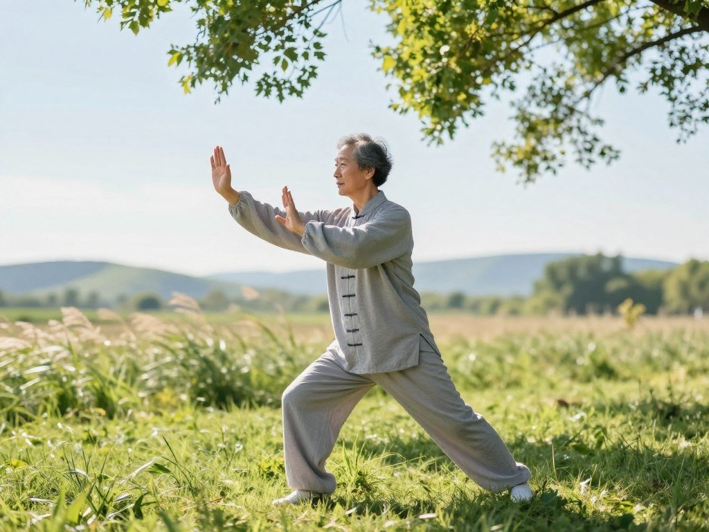 A serene outdoor setting featuring an older adult dressed in modest, comfortable athletic wear, gracefully performing tai chi movements. The foreground showcases the figure in a flowing pose that embodies calm focus, with arms extended and legs poised in balance. In the middle ground, lush green grass gently sways in the breeze, while soft sunlight filters through the leaves of nearby trees, casting dappled shadows on the ground. The background reveals a tranquil landscape of gentle hills and a clear blue sky, enhancing the sense of peace and harmony. The image should be captured with a soft focus, evoking a sense of mindfulness and connection between mind and body, with a warm and inviting atmosphere that promotes well-being. A serene outdoor setting featuring an older adult dressed in modest, comfortable athletic wear, gracefully performing tai chi movements. The foreground showcases the figure in a flowing pose that embodies calm focus, with arms extended and legs poised in balance. In the middle ground, lush green grass gently sways in the breeze, while soft sunlight filters through the leaves of nearby trees, casting dappled shadows on the ground. The background reveals a tranquil landscape of gentle hills and a clear blue sky, enhancing the sense of peace and harmony. The image should be captured with a soft focus, evoking a sense of mindfulness and connection between mind and body, with a warm and inviting atmosphere that promotes well-being.