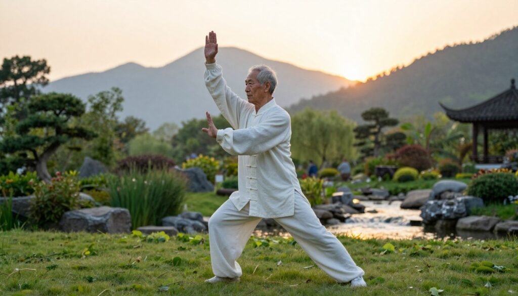 A serene outdoor setting for a tai chi practice session, featuring an elderly Asian man in modest, traditional martial arts clothing performing an advanced tai chi form. In the foreground, focus on his graceful movements and perfect posture, capturing the fluidity of the form. The middle ground showcases a tranquil garden with lush greenery and a softly flowing stream, symbolizing harmony and balance. In the background, mountains under a soft, golden dawn light, casting a warm glow that enhances the peaceful atmosphere. The scene should evoke a sense of calm, mindfulness, and personal growth, with soft lighting and a slightly wide-angle view to encompass the beauty of nature surrounding the practitioner. A serene outdoor setting for a tai chi practice session, featuring an elderly Asian man in modest, traditional martial arts clothing performing an advanced tai chi form. In the foreground, focus on his graceful movements and perfect posture, capturing the fluidity of the form. The middle ground showcases a tranquil garden with lush greenery and a softly flowing stream, symbolizing harmony and balance. In the background, mountains under a soft, golden dawn light, casting a warm glow that enhances the peaceful atmosphere. The scene should evoke a sense of calm, mindfulness, and personal growth, with soft lighting and a slightly wide-angle view to encompass the beauty of nature surrounding the practitioner.