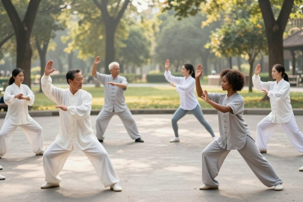 A serene outdoor setting showcasing a diverse group of individuals practicing essential Tai Chi postures, arranged in a harmonious circle. In the foreground, a middle-aged Asian man demonstrates the "Commencement" posture, emphasizing balance and grace. To his right, a young Black woman gracefully performs the "Wave Hands Like Clouds," showcasing fluid movement. In the middle ground, a senior Caucasian man and a young Latina woman engage in the "Single Whip" posture, exhibiting focus and tranquility. The background features a tranquil park scene with soft, diffused sunlight filtering through tall trees, casting gentle shadows. The atmosphere is peaceful and meditative, capturing the essence of Tai Chi practice. The composition is shot from a slightly elevated angle to include all practitioners, with a shallow depth of field to emphasize the moving forms while softly blurring the surroundings. A serene outdoor setting showcasing a diverse group of individuals practicing essential Tai Chi postures, arranged in a harmonious circle. In the foreground, a middle-aged Asian man demonstrates the "Commencement" posture, emphasizing balance and grace. To his right, a young Black woman gracefully performs the "Wave Hands Like Clouds," showcasing fluid movement. In the middle ground, a senior Caucasian man and a young Latina woman engage in the "Single Whip" posture, exhibiting focus and tranquility. The background features a tranquil park scene with soft, diffused sunlight filtering through tall trees, casting gentle shadows. The atmosphere is peaceful and meditative, capturing the essence of Tai Chi practice. The composition is shot from a slightly elevated angle to include all practitioners, with a shallow depth of field to emphasize the moving forms while softly blurring the surroundings.