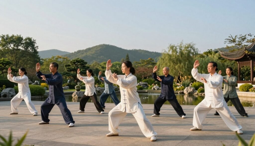 A serene outdoor setting showcasing a group of diverse individuals practicing tai chi techniques in the foreground. The practitioners, dressed in comfortable yet modest athletic clothing, are positioned in various flowing poses to represent common forms such as "Wave Hands Like Clouds" and "Single Whip." In the middle ground, a tranquil garden with lush greenery and a gentle water feature enhances the atmosphere. The background features soft hills and a clear blue sky, suggesting a peaceful day. Use warm, golden hour lighting to create a calming mood, with natural shadows emphasizing the fluid movements. Capture the scene from a mid-angle perspective to provide a clear view of the techniques being performed, evoking a sense of harmony and balance. A serene outdoor setting showcasing a group of diverse individuals practicing tai chi techniques in the foreground. The practitioners, dressed in comfortable yet modest athletic clothing, are positioned in various flowing poses to represent common forms such as "Wave Hands Like Clouds" and "Single Whip." In the middle ground, a tranquil garden with lush greenery and a gentle water feature enhances the atmosphere. The background features soft hills and a clear blue sky, suggesting a peaceful day. Use warm, golden hour lighting to create a calming mood, with natural shadows emphasizing the fluid movements. Capture the scene from a mid-angle perspective to provide a clear view of the techniques being performed, evoking a sense of harmony and balance.