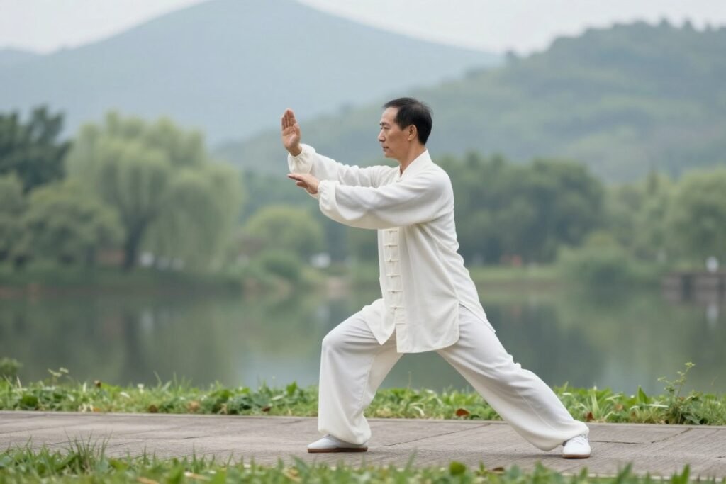 A serene outdoor setting showcasing a practitioner performing fundamental Tai Chi movements. In the foreground, a middle-aged individual dressed in a light, flowing martial arts uniform demonstrates a graceful Tai Chi pose, embodying balance and focus. The middle ground features soft, lush greenery and a gentle path to suggest tranquility. In the background, a calm, reflective pond against a backdrop of misty mountains enhances the peaceful atmosphere. The lighting is soft and diffused, reminiscent of early morning, creating an inviting ambiance. The angle captures the body posture and weight distribution, emphasizing harmony and fluidity in movement. The overall mood is calm, meditative, and inspiring, inviting the viewer to connect with the essence of Tai Chi practice. A serene outdoor setting showcasing a practitioner performing fundamental Tai Chi movements. In the foreground, a middle-aged individual dressed in a light, flowing martial arts uniform demonstrates a graceful Tai Chi pose, embodying balance and focus. The middle ground features soft, lush greenery and a gentle path to suggest tranquility. In the background, a calm, reflective pond against a backdrop of misty mountains enhances the peaceful atmosphere. The lighting is soft and diffused, reminiscent of early morning, creating an inviting ambiance. The angle captures the body posture and weight distribution, emphasizing harmony and fluidity in movement. The overall mood is calm, meditative, and inspiring, inviting the viewer to connect with the essence of Tai Chi practice.