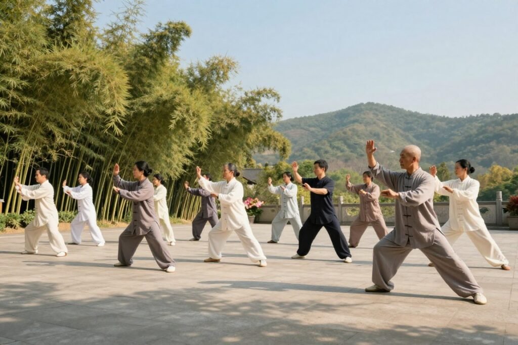 A serene outdoor setting showcasing diverse practitioners gracefully performing various tai chi forms in the foreground. Each individual, dressed in loose-fitting, modest clothing in soft earth tones, embodies different styles, such as Yang, Chen, and Wu, demonstrating fluid, flowing movements. In the middle ground, a tranquil bamboo grove sways gently in the breeze, enhancing the scene's calmness. The background features soft rolling hills under a clear blue sky, with gentle sunlight casting dappled shadows on the ground, creating a warm and inviting atmosphere. The entire composition should evoke a sense of peace, harmony, and balance, reflecting the essence of tai chi practice. Use a slight wide-angle perspective to capture the grace and fluidity of the movements. A serene outdoor setting showcasing diverse practitioners gracefully performing various tai chi forms in the foreground. Each individual, dressed in loose-fitting, modest clothing in soft earth tones, embodies different styles, such as Yang, Chen, and Wu, demonstrating fluid, flowing movements. In the middle ground, a tranquil bamboo grove sways gently in the breeze, enhancing the scene's calmness. The background features soft rolling hills under a clear blue sky, with gentle sunlight casting dappled shadows on the ground, creating a warm and inviting atmosphere. The entire composition should evoke a sense of peace, harmony, and balance, reflecting the essence of tai chi practice. Use a slight wide-angle perspective to capture the grace and fluidity of the movements.