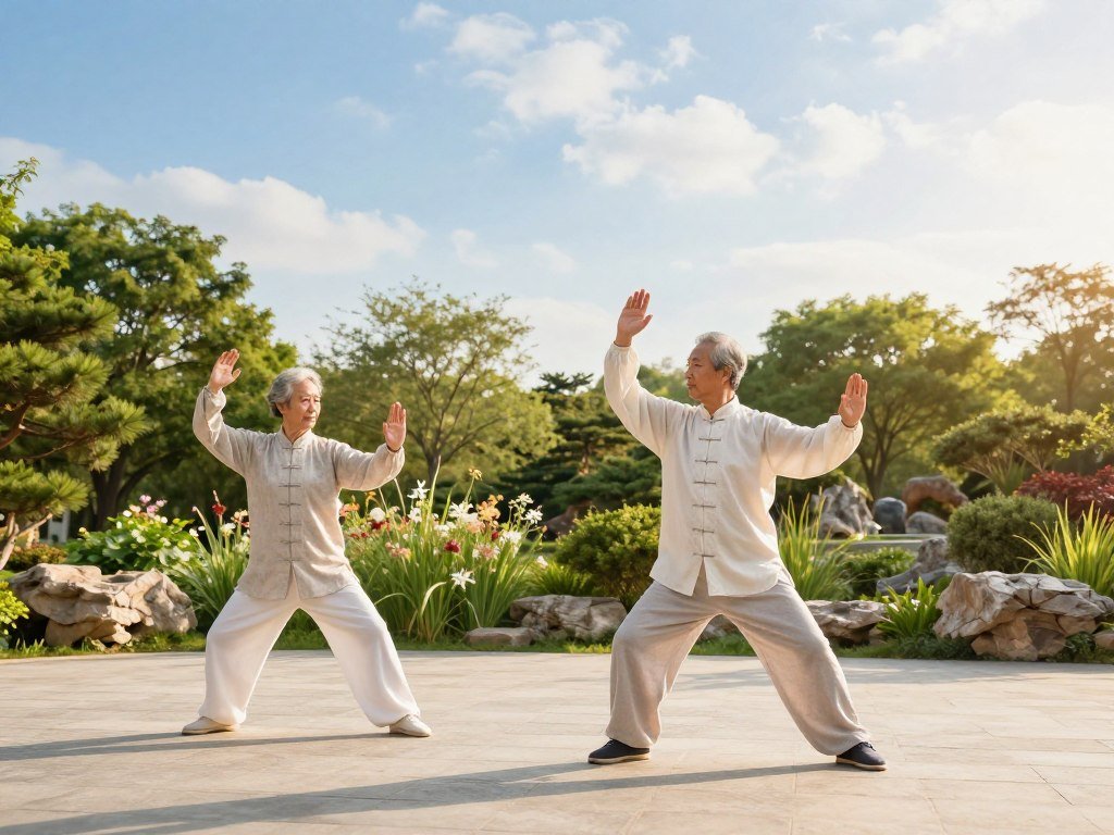 A serene outdoor setting with an elderly couple practicing tai chi in a tranquil garden. In the foreground, the couple, dressed in modest casual clothing, gracefully performs a tai chi pose, embodying relaxation and focus. The middle layer features lush greenery, gentle flowering plants, and soft rocks that enhance the peaceful atmosphere. In the background, a clear blue sky mingles with wisps of white clouds, suggesting a sunny, pleasant day. The lighting is warm and inviting, casting soft shadows on the ground, creating a sense of calmness. The mood is tranquil and uplifting, promoting the notion of health and well-being, highlighting the benefits of tai chi for aging populations. A serene outdoor setting with an elderly couple practicing tai chi in a tranquil garden. In the foreground, the couple, dressed in modest casual clothing, gracefully performs a tai chi pose, embodying relaxation and focus. The middle layer features lush greenery, gentle flowering plants, and soft rocks that enhance the peaceful atmosphere. In the background, a clear blue sky mingles with wisps of white clouds, suggesting a sunny, pleasant day. The lighting is warm and inviting, casting soft shadows on the ground, creating a sense of calmness. The mood is tranquil and uplifting, promoting the notion of health and well-being, highlighting the benefits of tai chi for aging populations.