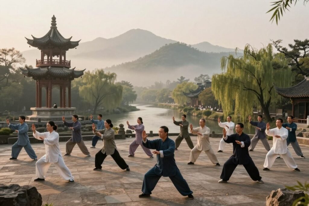 An ancient Chinese landscape showcasing a serene outdoor setting where tai chi originated. In the foreground, a diverse group of practitioners, dressed in modest traditional attire, gracefully perform tai chi movements in harmony, reflecting concentration and balance. The middle ground features an old stone pagoda and willow trees, with a soft, winding river that symbolizes tranquility. In the background, majestic mountains shrouded in mist hint at the deep cultural roots of tai chi. Soft, warm lighting bathes the scene in a golden hue of early morning, enhancing the peaceful atmosphere. The angle is slightly elevated, capturing both the practitioners and the beautiful landscape, evoking a sense of history and spiritual connection to nature. An ancient Chinese landscape showcasing a serene outdoor setting where tai chi originated. In the foreground, a diverse group of practitioners, dressed in modest traditional attire, gracefully perform tai chi movements in harmony, reflecting concentration and balance. The middle ground features an old stone pagoda and willow trees, with a soft, winding river that symbolizes tranquility. In the background, majestic mountains shrouded in mist hint at the deep cultural roots of tai chi. Soft, warm lighting bathes the scene in a golden hue of early morning, enhancing the peaceful atmosphere. The angle is slightly elevated, capturing both the practitioners and the beautiful landscape, evoking a sense of history and spiritual connection to nature.