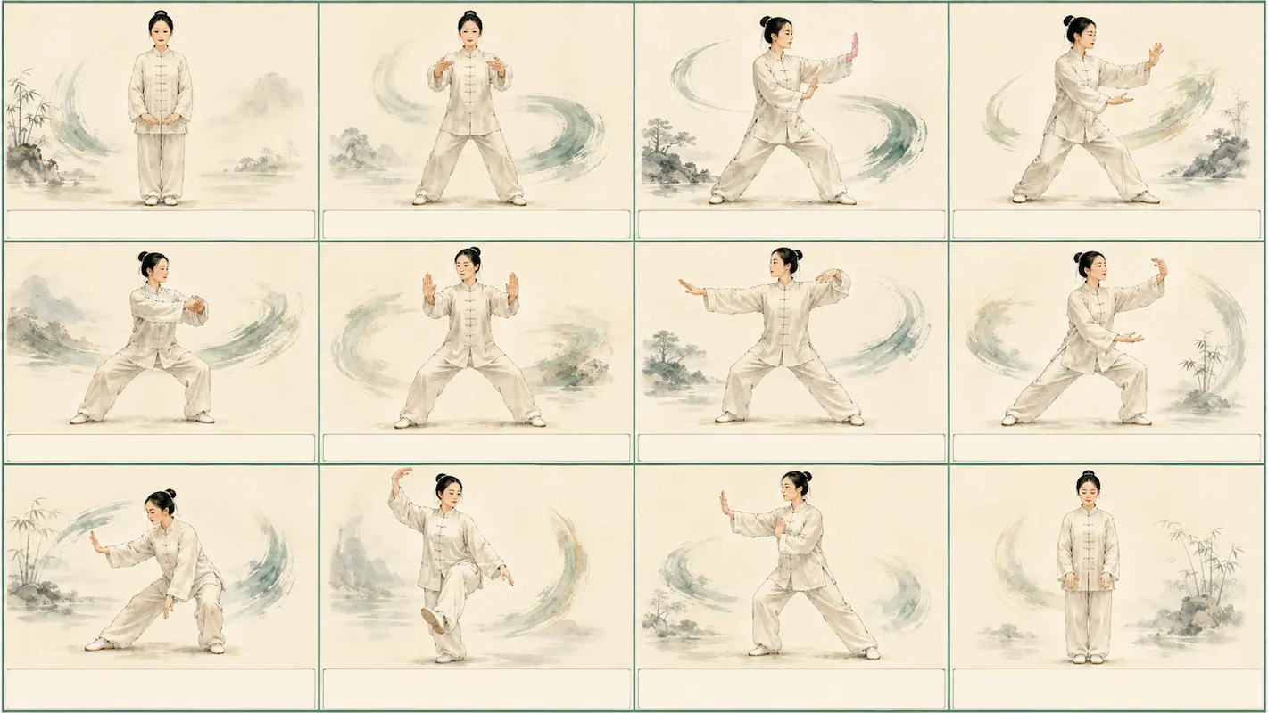 12 Essential Tai Chi Movements and Forms Illustrated directory showing 12 beginner Tai Chi movements, including Wuji, Opening, Ward Off, Roll Back, Press, Push, Single Whip, Cloud Hands, Brush Knee, White Crane, Repulse Monkey and Closing