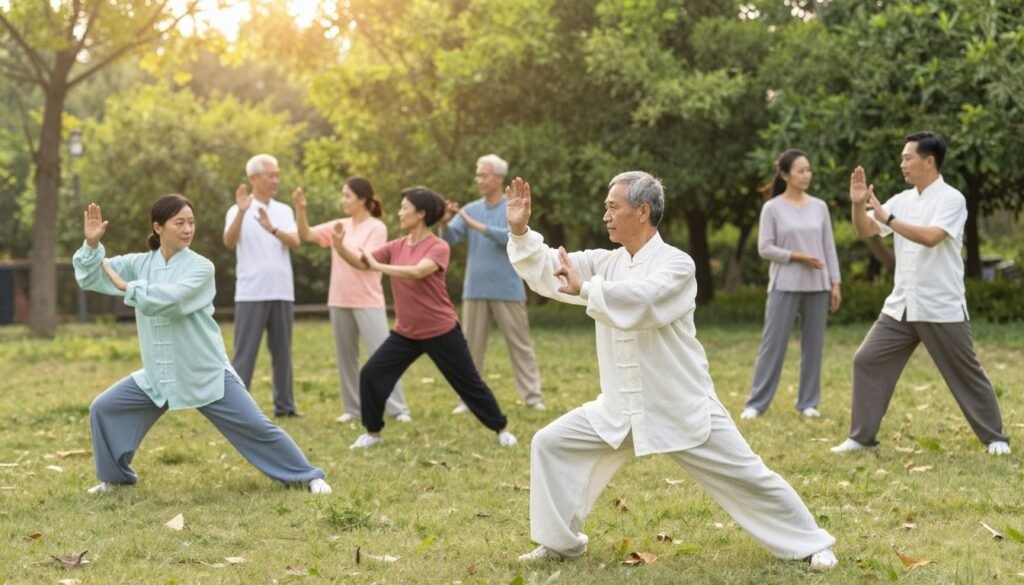 A serene Tai Chi practitioner in a peaceful park setting, embodying grace and focus while performing a slow movement. In the foreground, a middle-aged person wearing professional, modest attire, demonstrating a Tai Chi pose with fluid motions that signify balance and wellness. The middle ground features a diverse group of individuals of varying ages, observing and measuring their own Tai Chi practice, engaged in supportive dialogue. In the background, lush greenery and soft sunlight filtering through trees create a tranquil atmosphere. The scene conveys a sense of growth, mindfulness, and the journey of healthy ageing. The composition is shot from a slightly elevated angle, enhancing the harmony of both the individuals and the natural surroundings, with warm, soft lighting that evokes calmness and well-being. A serene Tai Chi practitioner in a peaceful park setting, embodying grace and focus while performing a slow movement. In the foreground, a middle-aged person wearing professional, modest attire, demonstrating a Tai Chi pose with fluid motions that signify balance and wellness. The middle ground features a diverse group of individuals of varying ages, observing and measuring their own Tai Chi practice, engaged in supportive dialogue. In the background, lush greenery and soft sunlight filtering through trees create a tranquil atmosphere. The scene conveys a sense of growth, mindfulness, and the journey of healthy ageing. The composition is shot from a slightly elevated angle, enhancing the harmony of both the individuals and the natural surroundings, with warm, soft lighting that evokes calmness and well-being.
