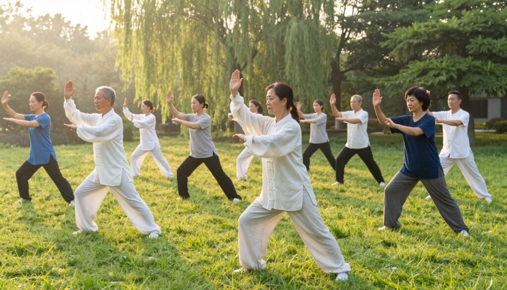 A serene outdoor Tai Chi session at sunrise, showcasing a diverse group of individuals practicing together in a harmonious garden setting. In the foreground, a middle-aged Asian woman, dressed in modest, comfortable activewear, gracefully flows through a Tai Chi pose. Her expression reflects calm focus, embodying the mind-body connection. In the middle ground, more practitioners of various ages and ethnicities, all engaged in Tai Chi movements, create a sense of community and balance. The background features lush greenery, gently swaying trees, and soft morning light filtering through the leaves. The atmosphere is peaceful and uplifting, with soft golden hues illuminating the scene. Capture a slightly elevated angle to emphasize the connection between the practitioners and their tranquil surroundings. A serene outdoor Tai Chi session at sunrise, showcasing a diverse group of individuals practicing together in a harmonious garden setting. In the foreground, a middle-aged Asian woman, dressed in modest, comfortable activewear, gracefully flows through a Tai Chi pose. Her expression reflects calm focus, embodying the mind-body connection. In the middle ground, more practitioners of various ages and ethnicities, all engaged in Tai Chi movements, create a sense of community and balance. The background features lush greenery, gently swaying trees, and soft morning light filtering through the leaves. The atmosphere is peaceful and uplifting, with soft golden hues illuminating the scene. Capture a slightly elevated angle to emphasize the connection between the practitioners and their tranquil surroundings.