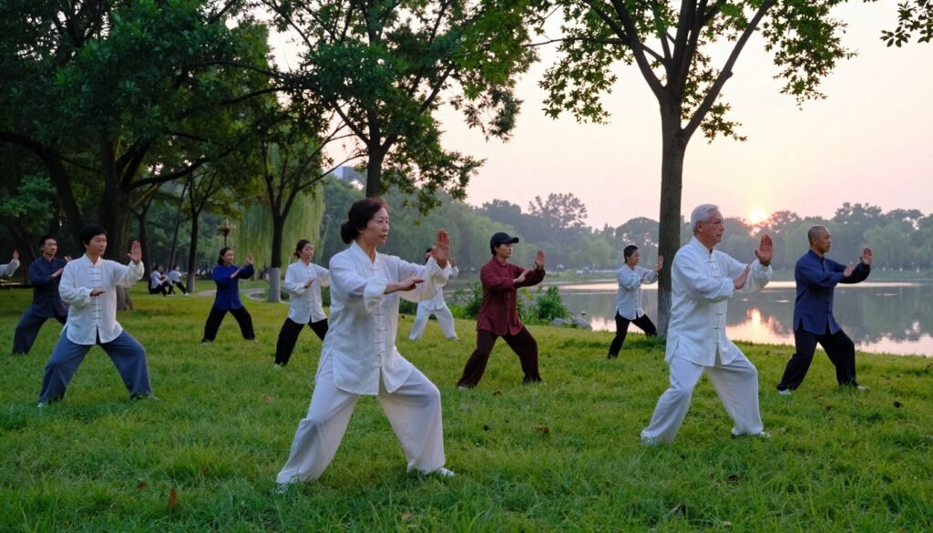 A serene outdoor setting at dawn, showcasing a diverse group of individuals practicing Tai Chi in a lush green park. The foreground features two practitioners, a middle-aged Asian woman and an older Caucasian man, in elegant and flowing modest casual clothing, focusing on their movements. The middle ground reveals additional participants harmoniously engaged in various Tai Chi postures, surrounded by gentle morning light filtering through leafy trees. The background highlights a tranquil pond reflecting the soft pastel colors of the sunrise. The atmosphere is calm and uplifting, evoking a sense of balance and inner peace. Use a wide-angle lens to capture the entire scene, emphasizing the interconnectedness of nature and mindful movement. A serene outdoor setting at dawn, showcasing a diverse group of individuals practicing Tai Chi in a lush green park. The foreground features two practitioners, a middle-aged Asian woman and an older Caucasian man, in elegant and flowing modest casual clothing, focusing on their movements. The middle ground reveals additional participants harmoniously engaged in various Tai Chi postures, surrounded by gentle morning light filtering through leafy trees. The background highlights a tranquil pond reflecting the soft pastel colors of the sunrise. The atmosphere is calm and uplifting, evoking a sense of balance and inner peace. Use a wide-angle lens to capture the entire scene, emphasizing the interconnectedness of nature and mindful movement.