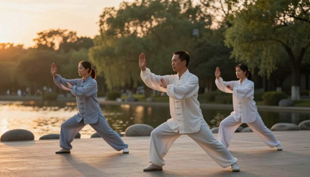 A serene outdoor setting at dusk, where gentle movements are illustrated through the fluid motions of Tai Chi practitioners. The foreground features two individuals, dressed in comfortable yet modest clothing, gracefully performing Tai Chi poses. Their expressions reflect focus and tranquility, embodying the essence of stress relief. In the middle ground, soft rippling water and smooth stones hint at a calm, reflective atmosphere. The background showcases lush trees illuminated by the warm, golden glow of the setting sun. The lighting is soft, casting long shadows and creating a peaceful, inviting ambiance. The overall mood exudes calmness and well-being, making it a perfect representation of safety and comfort in practice.
