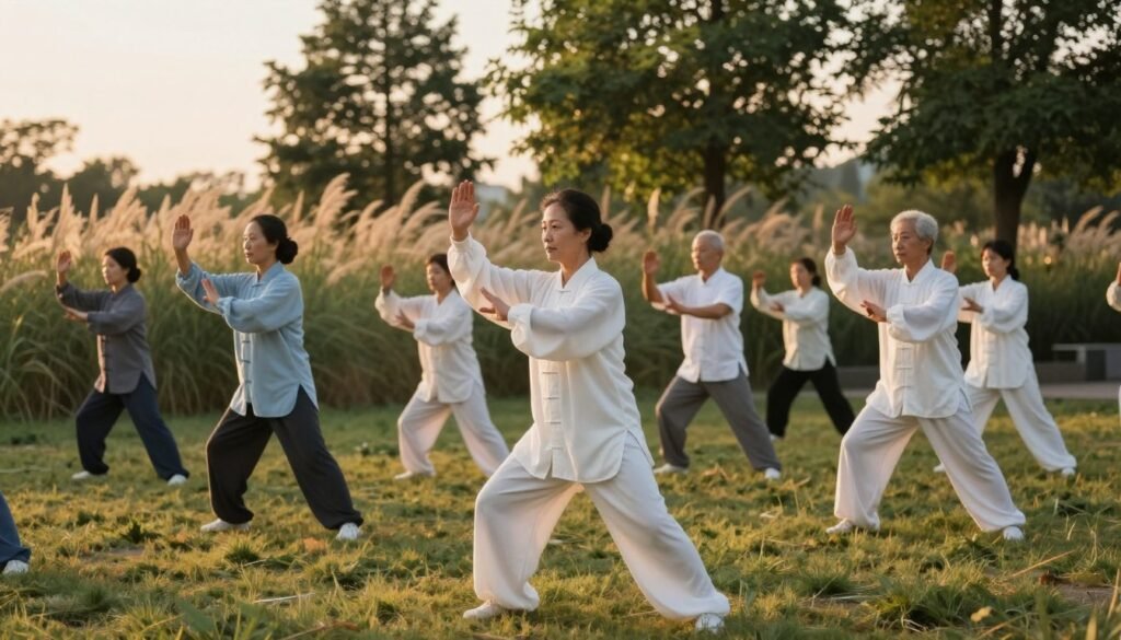 A serene outdoor setting depicting a group of diverse individuals engaged in an evening Tai Chi session. In the foreground, a middle-aged Asian woman, clad in a soft, flowing white Tai Chi uniform, gracefully performs a slow, deliberate movement, embodying mindfulness. The middle ground features several participants of varying ages and backgrounds, practicing together in unison, their expressions calm and focused. In the background, tall trees and gently swaying grasses frame the scene, bathed in the warm, golden light of a setting sun, casting soft shadows. The atmosphere is tranquil and inviting, evoking a sense of peace and wellness. The camera angle is slightly elevated, capturing the harmony between the group and nature, emphasizing the calming essence of the practice.