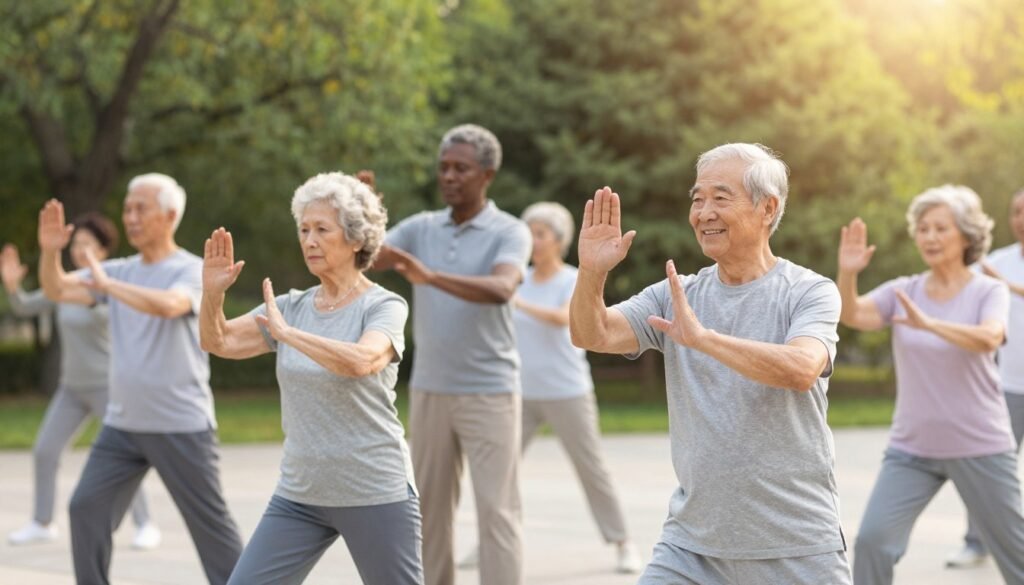 A serene outdoor setting featuring a diverse group of elderly individuals practicing Tai Chi together. In the foreground, a smiling elderly Asian man wearing comfortable, modest athletic clothing demonstrates a graceful Tai Chi posture, embodying strength and balance. Beside him, a gentle-looking Caucasian woman follows suit, her expression reflecting calmness and focus. In the middle ground, a supportive instructor, an older Black woman, encourages the participants with an encouraging demeanor. The background reveals lush green trees and soft sunlight filtering through, creating a warm and inviting atmosphere. The image is captured from a slightly elevated angle, emphasizing the shared camaraderie and mindfulness of the group, with soft, natural lighting that highlights their joyful expressions and the peaceful setting. A serene outdoor setting featuring a diverse group of elderly individuals practicing Tai Chi together. In the foreground, a smiling elderly Asian man wearing comfortable, modest athletic clothing demonstrates a graceful Tai Chi posture, embodying strength and balance. Beside him, a gentle-looking Caucasian woman follows suit, her expression reflecting calmness and focus. In the middle ground, a supportive instructor, an older Black woman, encourages the participants with an encouraging demeanor. The background reveals lush green trees and soft sunlight filtering through, creating a warm and inviting atmosphere. The image is captured from a slightly elevated angle, emphasizing the shared camaraderie and mindfulness of the group, with soft, natural lighting that highlights their joyful expressions and the peaceful setting.
