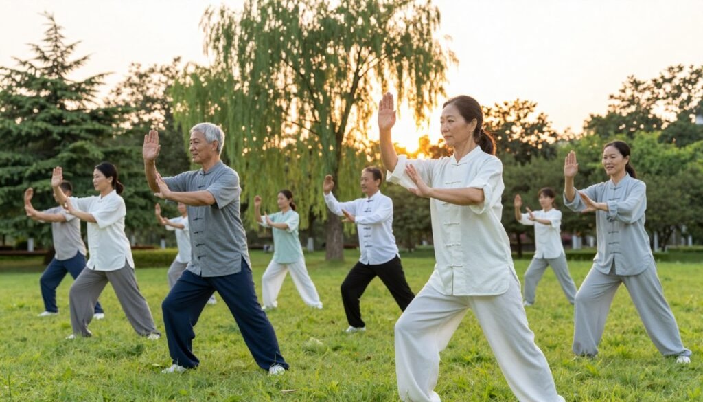 A serene outdoor setting featuring a diverse group of individuals practicing Tai Chi in a tranquil park. In the foreground, a middle-aged woman in modest, comfortable athletic wear softly guides a Tai Chi movement, her expression reflecting focus and calm. Beside her, a senior man with a warm smile is engaging in a synchronized pose, exemplifying safe practice techniques. The middle ground showcases lush greenery and gently swaying trees, while the background includes a soft, golden glow of the setting sun illuminating the scene. The lighting is warm and natural, evoking a peaceful, inviting atmosphere. The angle captures the harmony among practitioners, emphasizing the importance of preparation and safety in Tai Chi. A serene outdoor setting featuring a diverse group of individuals practicing Tai Chi in a tranquil park. In the foreground, a middle-aged woman in modest, comfortable athletic wear softly guides a Tai Chi movement, her expression reflecting focus and calm. Beside her, a senior man with a warm smile is engaging in a synchronized pose, exemplifying safe practice techniques. The middle ground showcases lush greenery and gently swaying trees, while the background includes a soft, golden glow of the setting sun illuminating the scene. The lighting is warm and natural, evoking a peaceful, inviting atmosphere. The angle captures the harmony among practitioners, emphasizing the importance of preparation and safety in Tai Chi.