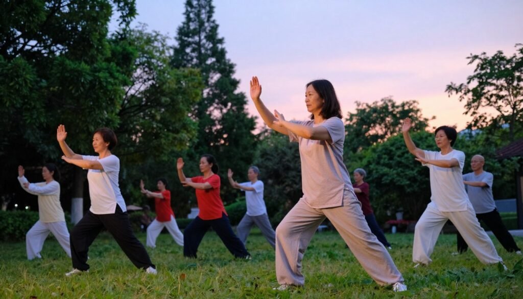 A serene outdoor setting for an evening Tai Chi class, featuring a diverse group of individuals practicing in a lush, tranquil garden. In the foreground, a middle-aged woman with shoulder-length hair gracefully executes a Tai Chi posture in soft, comfortable athletic wear, embodying focus and tranquility. In the middle ground, several participants of varying ages and ethnicities, engaged in smooth, flowing movements, reflect a sense of harmony and community. The background showcases tall, verdant trees and a softly lit sky transitioning from blue to pink, indicating sunset. The scene is illuminated with warm, soft lighting to evoke a peaceful atmosphere, captured from a slight low angle to enhance the depth and dynamic quality of the participants’ movements, emphasizing a sense of wellness and relaxation.