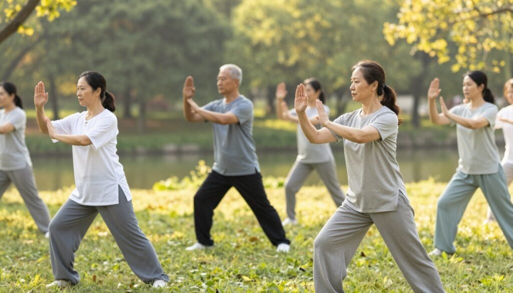 A serene outdoor setting showcasing a diverse group of individuals practicing adaptive Tai Chi, each demonstrating a unique pose reflecting varying health goals and abilities. In the foreground, a middle-aged woman in comfortable, modest athletic wear performs a gentle stance, emphasizing balance and grace. In the middle ground, a man in his sixties performs a modified movement, exemplifying strength and focus. The background features a peaceful park with soft greenery, a tranquil pond, and dappled sunlight filtering through the trees, creating an inviting atmosphere. The scene is bathed in warm, natural lighting, captured with a soft-focus lens to enhance the calm and supportive mood, highlighting the essence of wellness and adaptability in Tai Chi practice. A serene outdoor setting showcasing a diverse group of individuals practicing adaptive Tai Chi, each demonstrating a unique pose reflecting varying health goals and abilities. In the foreground, a middle-aged woman in comfortable, modest athletic wear performs a gentle stance, emphasizing balance and grace. In the middle ground, a man in his sixties performs a modified movement, exemplifying strength and focus. The background features a peaceful park with soft greenery, a tranquil pond, and dappled sunlight filtering through the trees, creating an inviting atmosphere. The scene is bathed in warm, natural lighting, captured with a soft-focus lens to enhance the calm and supportive mood, highlighting the essence of wellness and adaptability in Tai Chi practice.