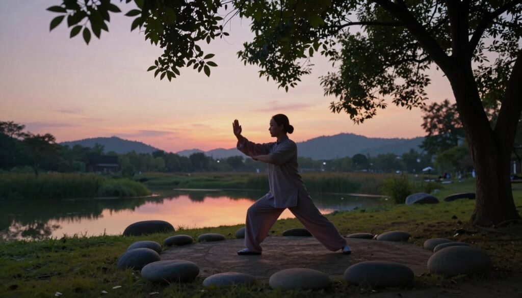 A serene outdoor space set for evening Tai Chi practice, featuring a calm and focused individual in modest athletic attire, engaging in relaxation exercises. In the foreground, smooth stones and soft grass provide a natural surface, while gentle light filters through the leaves of nearby trees, casting dappled shadows. The middle-ground reveals a small, tranquil pond reflecting the soft colors of a sunset sky - hues of orange, pink, and lavender. In the background, distant hills create a peaceful silhouette against the evening light. The atmosphere is tranquil and restorative, capturing the essence of mindfulness and wellness. Use soft, diffused lighting to enhance the calming effect, with a focus on a slightly lower angle to emphasize the connection between the individual and their serene surroundings.