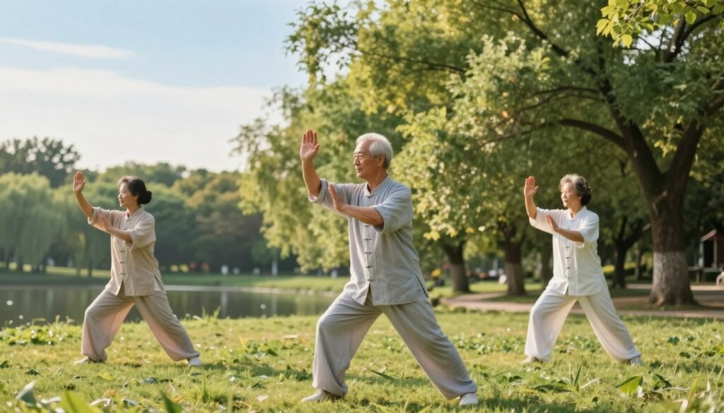 A serene park setting featuring an elderly Asian man and woman practicing tai chi together, embodying graceful movements that promote balance and wellness. The foreground captures their focused expressions as they execute slow, flowing postures, dressed in modest, loose-fitting, casual clothing. In the middle ground, lush green trees frame them, gently swaying in a light breeze, while a soft sunlight filters through the leaves, casting a warm golden glow on the scene. The background reveals a tranquil pond reflecting the blue sky, enhancing the peaceful atmosphere. Use a wide-angle lens to emphasize the harmonious interaction between the practitioners and nature, conveying a sense of calm and vitality. The overall mood is serene and uplifting, perfect for illustrating the importance of tai chi in enhancing everyday balance. A serene park setting featuring an elderly Asian man and woman practicing tai chi together, embodying graceful movements that promote balance and wellness. The foreground captures their focused expressions as they execute slow, flowing postures, dressed in modest, loose-fitting, casual clothing. In the middle ground, lush green trees frame them, gently swaying in a light breeze, while a soft sunlight filters through the leaves, casting a warm golden glow on the scene. The background reveals a tranquil pond reflecting the blue sky, enhancing the peaceful atmosphere. Use a wide-angle lens to emphasize the harmonious interaction between the practitioners and nature, conveying a sense of calm and vitality. The overall mood is serene and uplifting, perfect for illustrating the importance of tai chi in enhancing everyday balance.