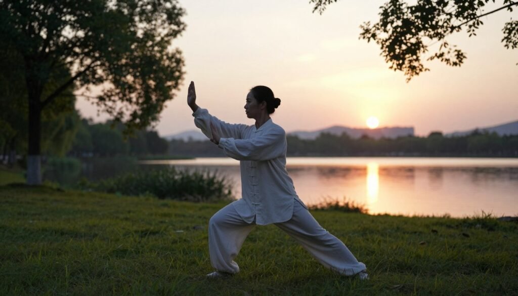 A serene scene depicting a skilled individual practicing Tai Chi in a peaceful outdoor setting during twilight. The foreground features a person in comfortable, modest athletic attire, gracefully moving through a flowing Tai Chi pose, embodying the essence of "Meditation in Motion." The middle ground includes softly rippling grasses and gentle, dappled light filtered through nearby trees, enhancing the calm atmosphere. In the background, a tranquil lake reflects the warm colors of the setting sun, casting a golden glow that inspires mindfulness. The overall mood is one of tranquility and focused serenity, captured through soft, natural lighting and a slightly blurred depth of field that emphasizes the graceful movement of the subject. The scene invites viewers to feel the peace and wellness associated with Tai Chi practice.