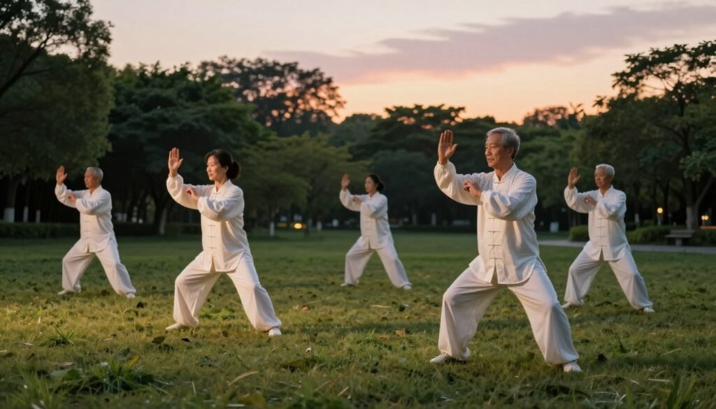 A serene scene depicting a small group of individuals practicing tai chi in an open park during the evening. In the foreground, focus on two practitioners, a middle-aged woman and an older man, gracefully moving through fluid tai chi poses, dressed in comfortable, modest attire. Their expressions reflect calm and concentration. In the middle ground, additional practitioners can be seen at a distance, softly illuminated by the warm, golden light of the setting sun, casting long, gentle shadows on the grass. The background features lush trees and a tranquil sky painted with soft pastels, enhancing the peaceful ambiance. The overall mood is one of relaxation and harmony, evoking the essence of wellness and stress relief as the day transitions into night.