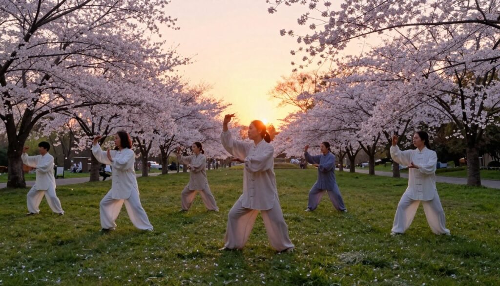 A tranquil evening scene showcasing a group of individuals practicing Tai Chi in a serene outdoor environment. In the foreground, graceful figures in modest, flowing attire perform gentle, flowing movements that embody relaxation and harmony. The middle layer features a soft, sunlit park setting, with lush green grass and delicate cherry blossom trees starting to bloom, their petals softly falling around the practitioners. In the background, a peaceful sunset bathes the scene in warm oranges and pinks, casting a gentle glow. The atmosphere is calm and soothing, enhancing the feeling of mindfulness and stress relief. Use a warm, soft lighting to create a serene mood, captured with a wide-angle lens to encompass the full beauty of the surroundings.
