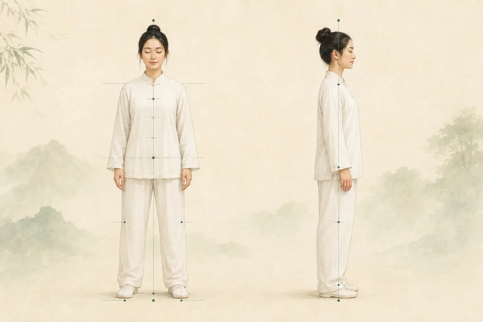 Tai Chi Wuji Posture Alignment – Front and Side Views Front and side views demonstrating correct Tai Chi Wuji posture and relaxed body alignment