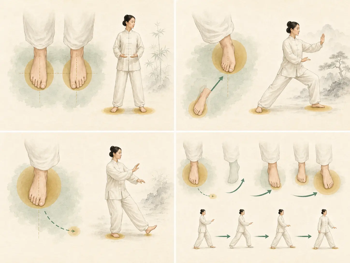 Tai Chi Footwork: Four Essential Stances and Steps Four-part Tai Chi footwork guide illustrating parallel stance, bow stance, empty stance and a controlled Tai Chi step