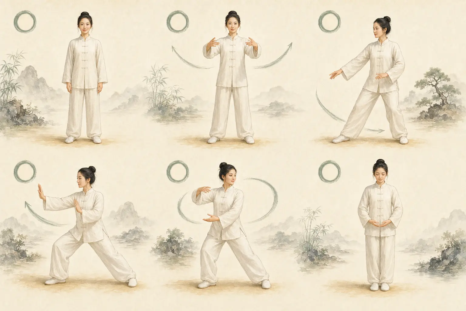 Six-Step Beginner Tai Chi Practice Sequence Six-step beginner Tai Chi practice sequence demonstrating Wuji, Opening, side weight shift, Ward Off left, Cloud Hands and Closing